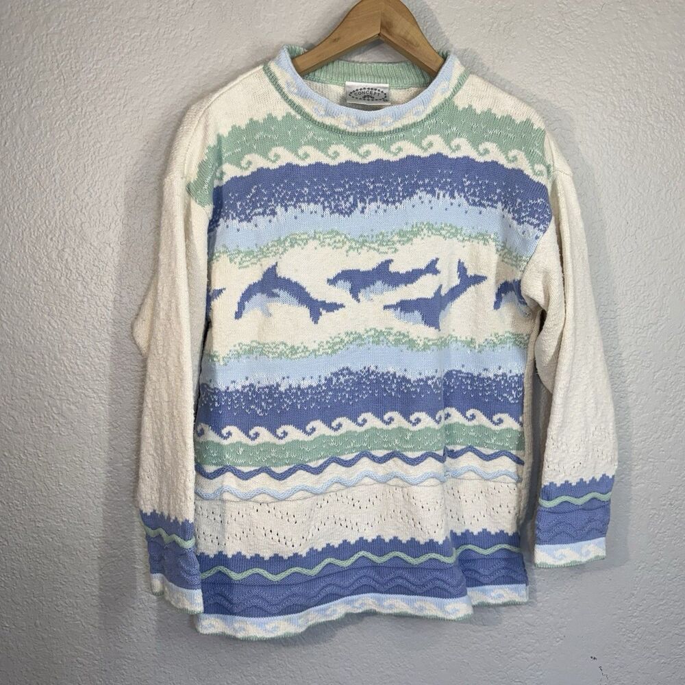 Vintage 90s Concept Sweater Blue Dolphin Wave USA Made Chunky Cotton Slim Size M